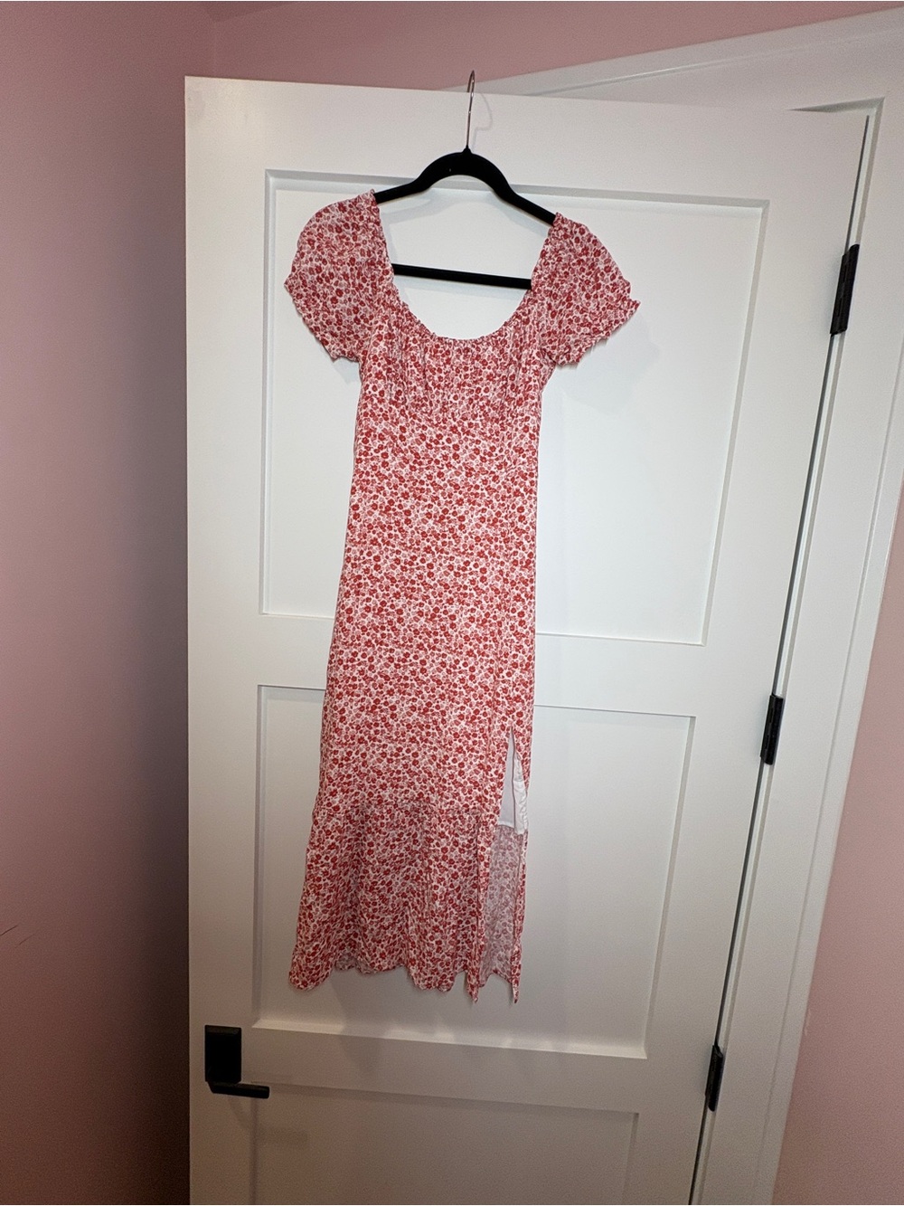 Hollister Red Floral Midi Dress with Puff Sleeves